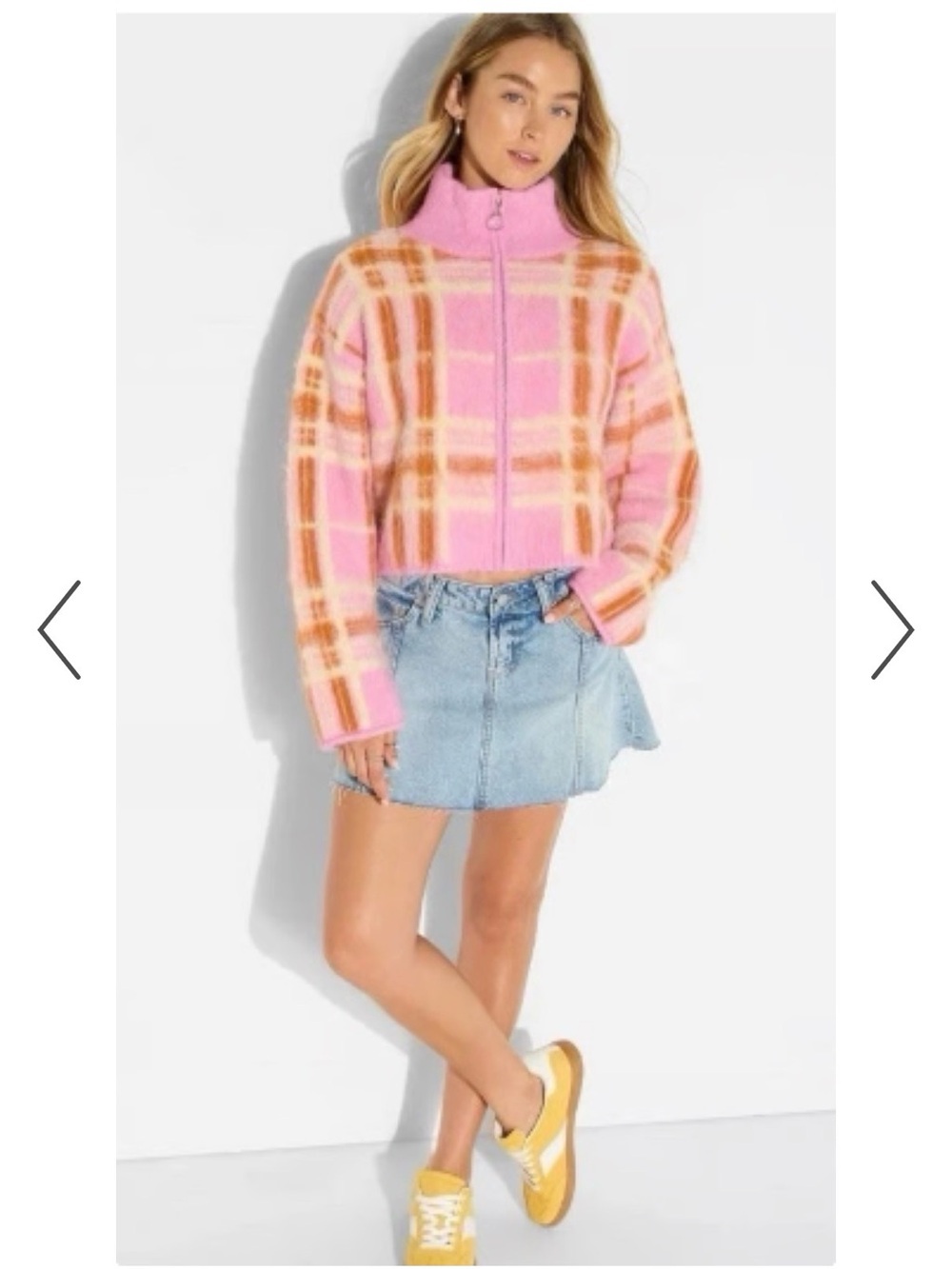 wild fable Pink & Orange Plaid Teddy Zip Jacket